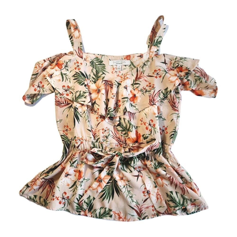 Sweet Rain Off-Shoulder Tropical Print Summer Top Women's Small – Flowy & Light